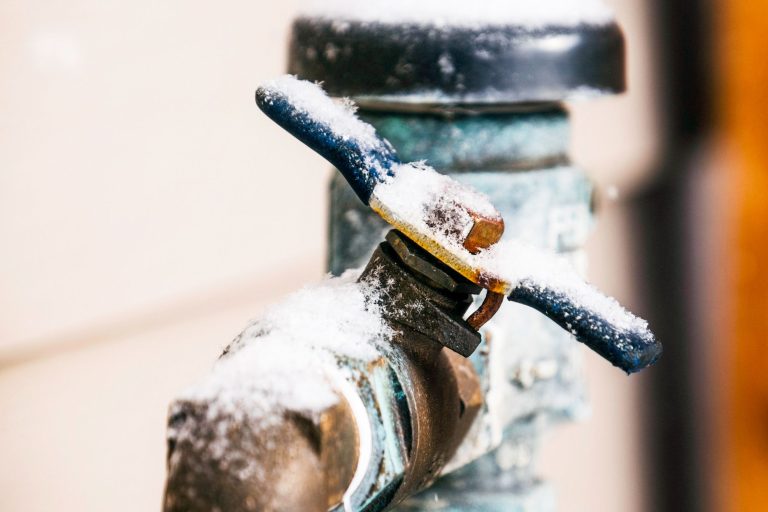 Snow around an irrigation backflow preventer in Michigan